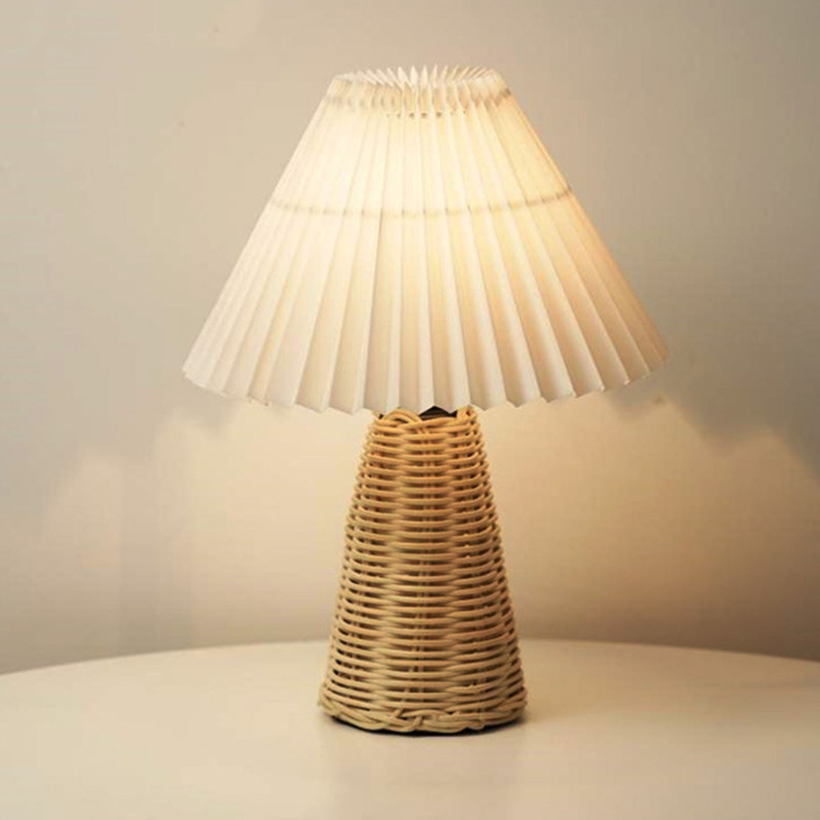 Pleated Table Lamp Bedside Night Lamp With Rattan Base Vintage Style Soft Warm L