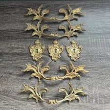 Set of 4 Large French Provincial Brass Drawer Pulls w/3 Key Hole Escutcheons