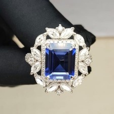 7.70Crt Emerald Cut Natural Tanzanite and Diamond Ring Real 14K Solid White Gold