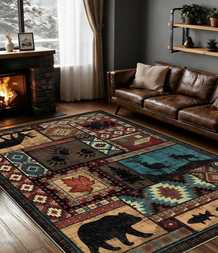 Rustic Cabin Area Rug 5X7,Machine Washable Lodge Bear Rug,Non-Slip Low Pile Prin