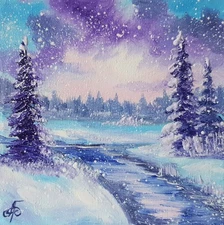 Original Winter River Landscape Oil Painting Snowfall Morning Blue Lavender Art