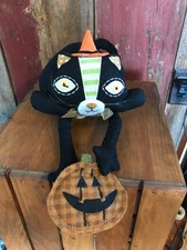 Halloween Black Cat Plush w/orange witch hat pumpkin  bell on tail     .t2