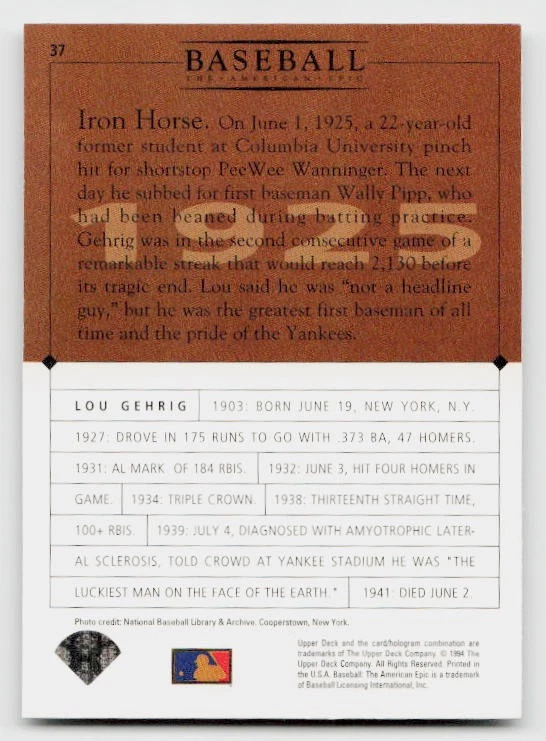 1994 Upper Deck Baseball: The American Epic #37 Lou Gehrig - Image 2 of 2