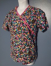 Cherokee Size M Medium Scrubs Top Wrap Look Tie Back Front Pockets Black Floral