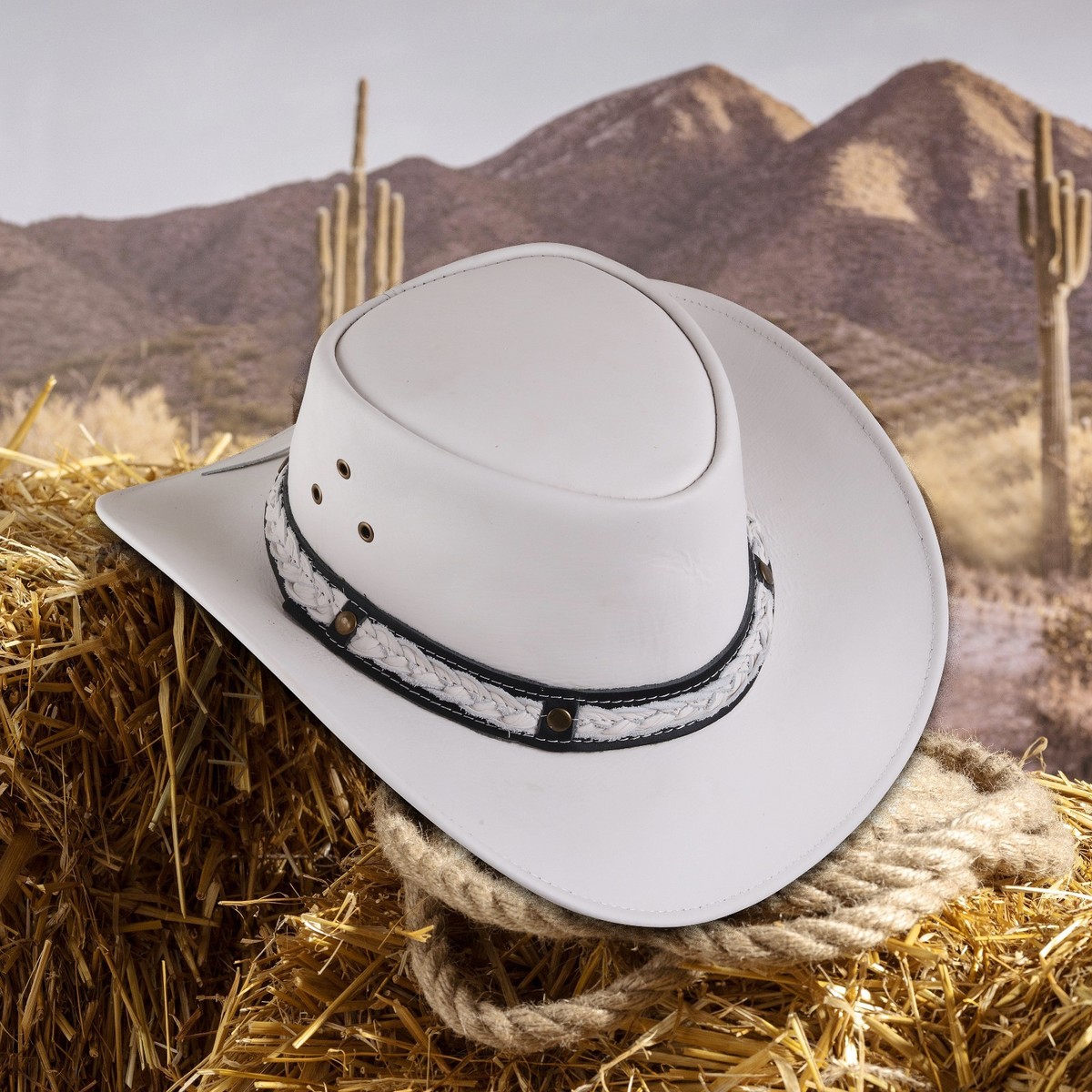White Genuine Leather Cowboy Hat Western Style Unisex Wide Brim