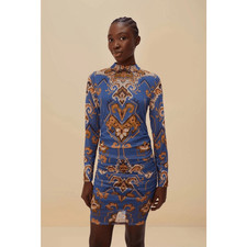 Farm Rio Blue Ornament Floral Tulle Mini Dress NWT Ruched Long Sleeve Medium