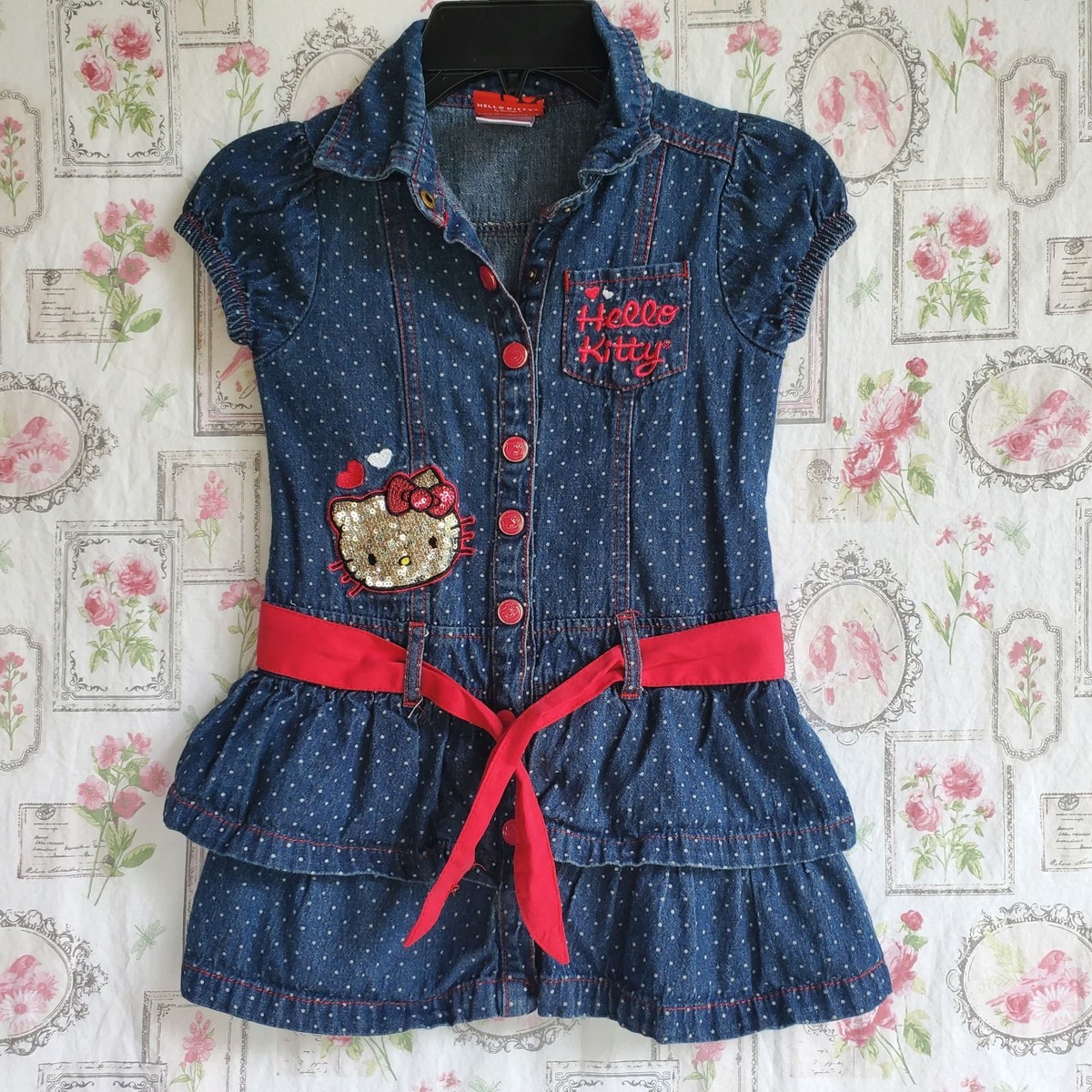 Hello Kitty Girls Denim Dress Pink Belt Ruffle Short Sleeve Size 5T Y2K |  eBay