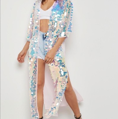 Holographic disc iridescent sequin kimono party jacket duster