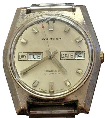 VINTAGE WALTHAM INCABLOC 17 JEWELS T SWISS MADE T MENS WRISTWATCH DAY-DATE WATCH