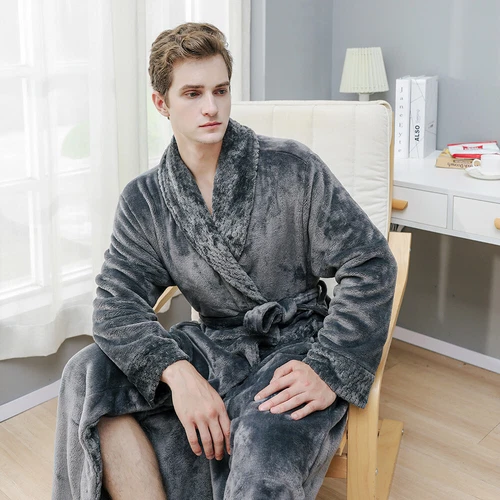 Flannel BathRobe Long Soft Spa Male Bath Robe Shawl Collar Sleepwear Women & Men - Picture 14 of 30