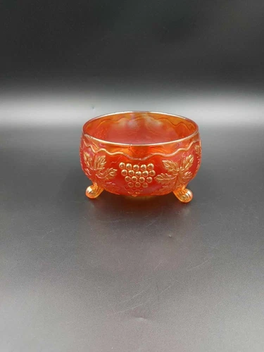 Fenton Carnival Glass Grape and Fernery Three Footed Bowl Marigold