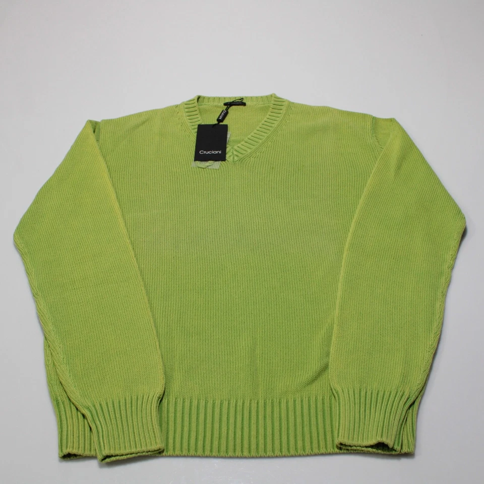 Suéter Pullover Cruciani Nuevo con Etiquetas Cuello en V Talla 54 XL EE. UU. En Algodón Verde Lima Sólido Foto 2 de 4