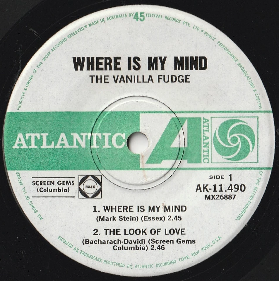 VANILLA FUDGE EP: WHERE IS MY MIND? +2 AUSSIE ATLANTIC 11,490 C=EX- V=NM/NM 1968 - Image 3 of 4
