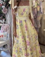 NEW LoveShackFancy Ayala Midi Dress Bright Azalea Yellow Pink Floral Sz 10 $445
