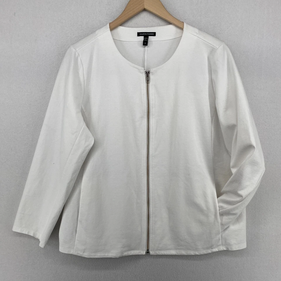 EILEEN FISHER Top L Algodón Orgánico Elastizado Ponte Cremallera Completa Manga Larga Blanco Foto 2 de 4