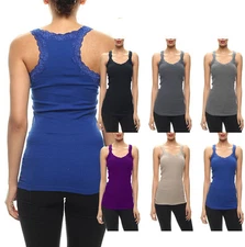 Basic Ribbed V-Neck Sleeveless with Lace Trim Detail Racerback Tank Top S ~ L