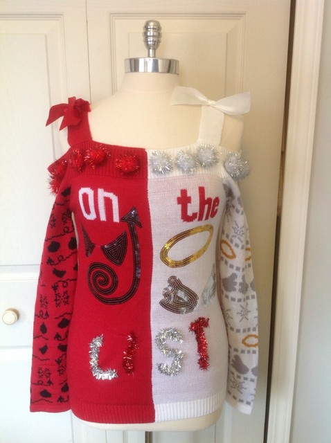 Womens Juniors Planet Gold Cold Shoulder Ugly Christmas Sweater Naughty Nice NWT | eBay