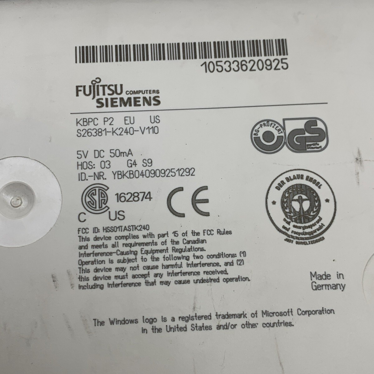 Genuine Fujitsu Siemens S26381-K240-V110 Wired PS2 PS/2 Keyboard