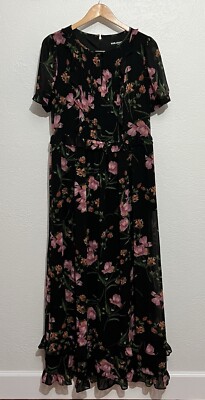 Karl Lagerfeld Sz 8 Dark Cottagecore Floral Ruffle Short Sleeve Maxi Fairy Dress