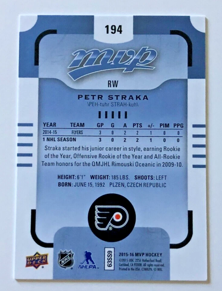 2015-16 Upper Deck MVP #194 Petr Straka RC Philadelphia Flyers - Image 2 of 2