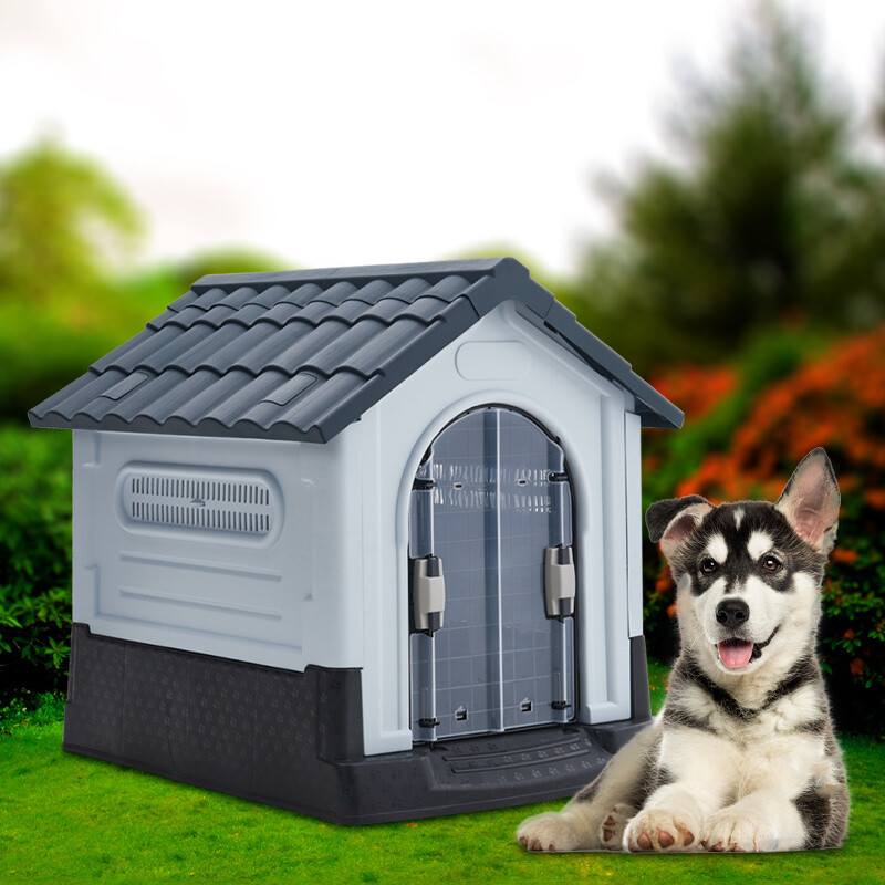 Weatherproof Pet House Plastic Dog Kennel Outside Raised Animal Shelter w/  Doors
