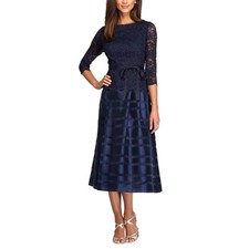 NWT Alex Evenings Navy Blue Lace & Satin Tea-Length Dress 3/4 Sleeves  Ribbon 18