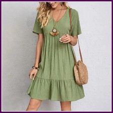 Women Summer Peplum Dresses Spring V-Neck Short Sleeve Loose Waist Ruffle Fit