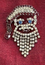 Red, Clear & Blue Crystal Santa Claus Silver Color Pin Vintage