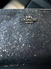 Coach Black & Silver Glitter Star Print Wristlet Zip Wallet w/ Wrist Strap