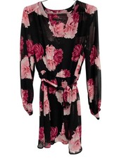 Banana Republic Dress Size XS Floral VNeck Long Sleeve Tie Waist Black Pink Boho