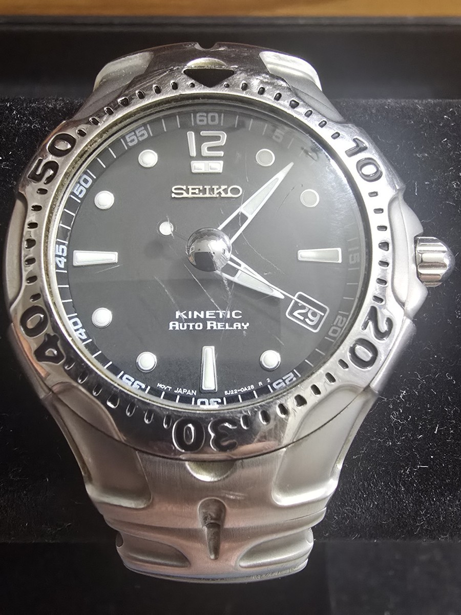 SEIKO Kinetic Auto Relay 腕時計 RARE SEIKO KINETIC AUTO RELAY 5J22-0A50 BLACK DIAL JAPAN STAINLESS