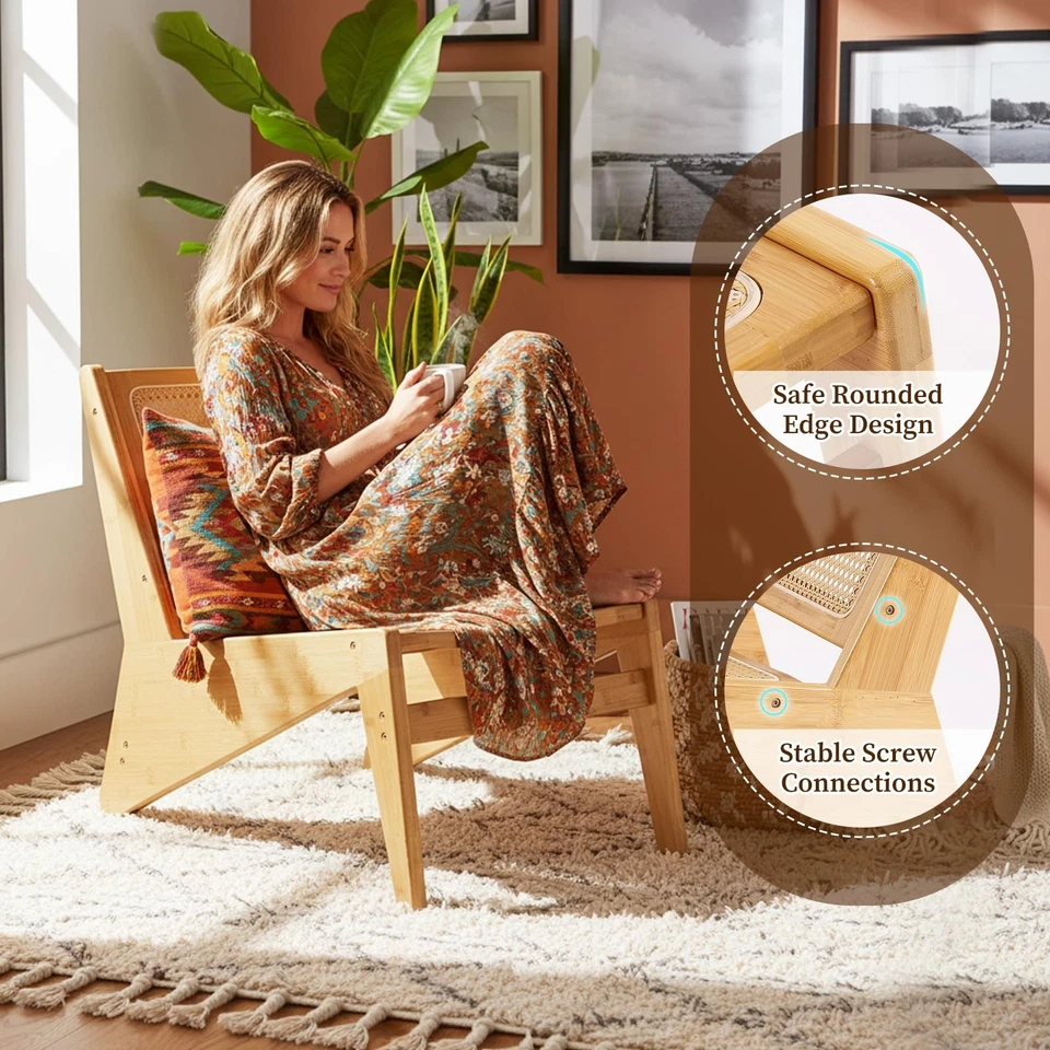 Silla con detalles de ratán para sala de estar, silla lateral de mediados de siglo, cómoda cha de bambú... Foto 4 de 4