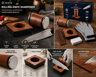 NESTIQ Rolling Manual Knife Sharpener Kit w/ Angle Guide, Gloves, Strop