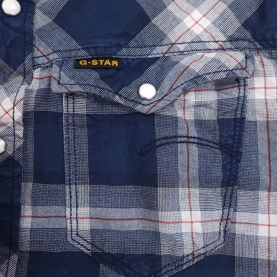 G Star RAW Shirt Mens Medium Blue Plaid Arc 3D Western Snap Button Long Sleeve - Image 4 of 4