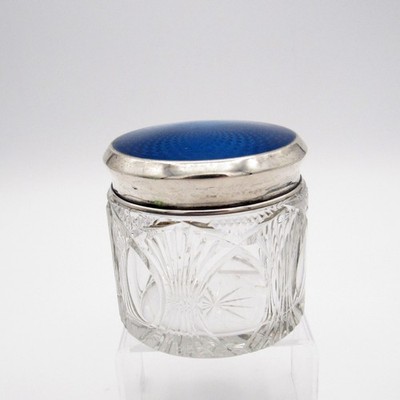 Antique Cut Glass Base, Blue Guilloche Enamel and Sterling Dresser Powder Jar