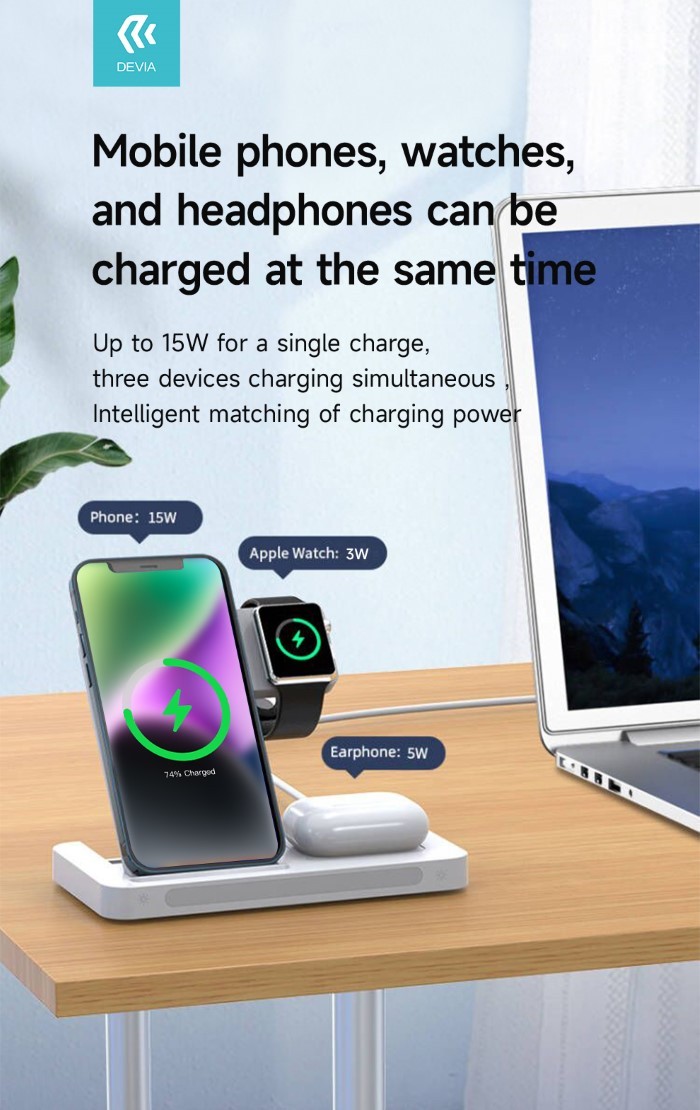 Supporto da tavolo carica wireless 15w devia x phone/watch/airpd