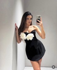 ZARA NWT WOMAN SS25 CONTRAST FLORAL STRAPLESS DRESS BLACK | 4772/239 SIZE S