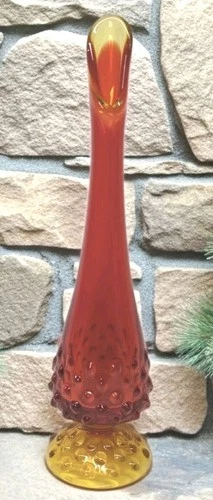 Vintage  Fenton Amberina Red Orange Yellow Swung Glass Hobnail 10 Inch Bud Vase