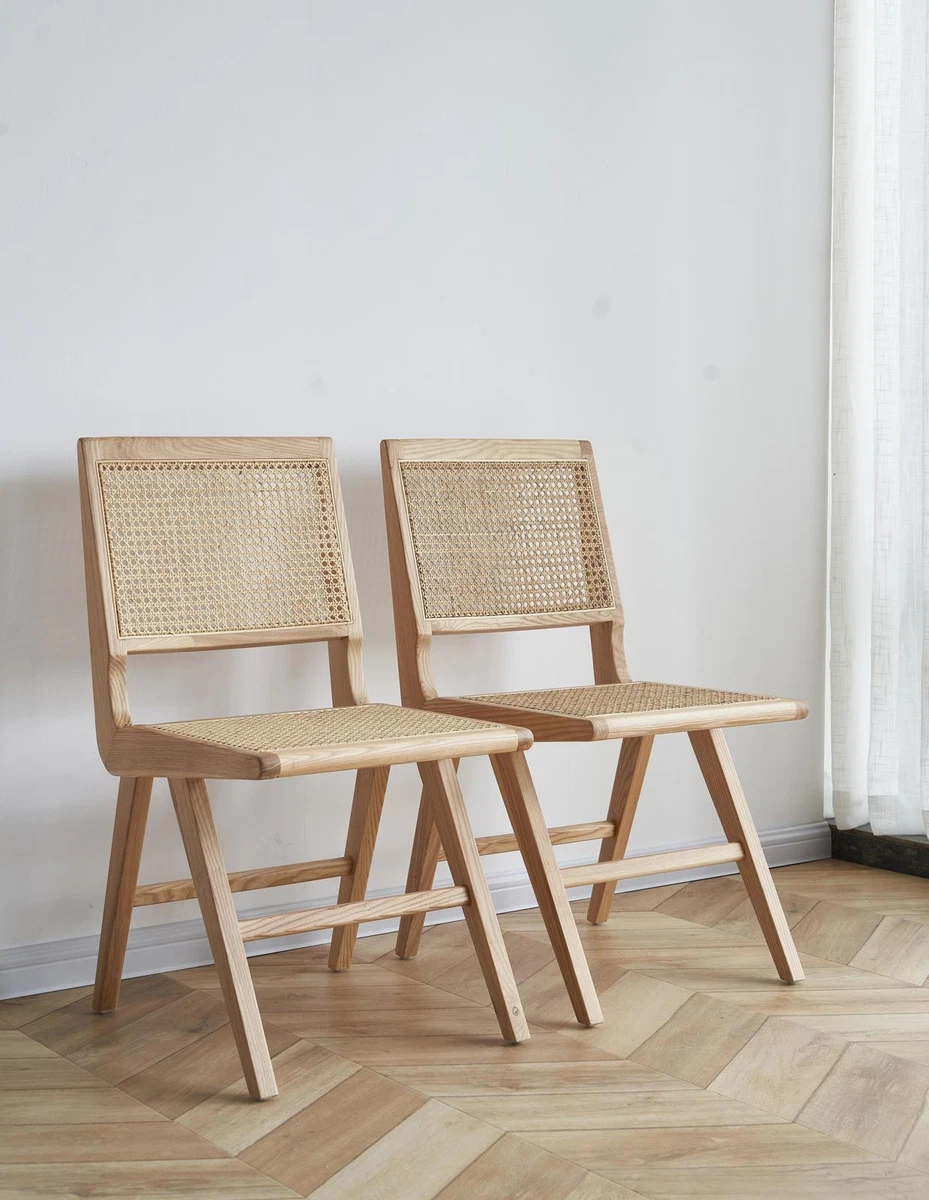 Set of 2 Solid Wood Retro Rattan Chair Backrest Chair Simple Casual Dining Chair