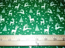 1 Yard Reindeer Snowflakes Trees Christmas on Green Fabric