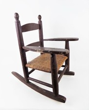 Antique Vintage Child's Wooden Rocking Chair Woven Cane Seat Brown Rustic