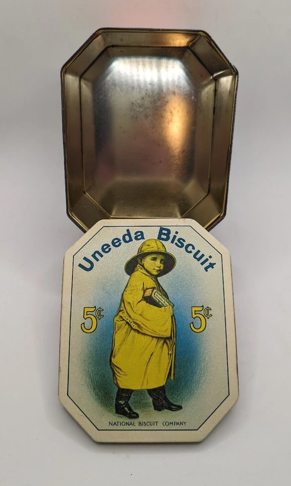 Vintage Nabisco Uneeda Biscuit Tin Box Child Raincoat Bristol Ware - Image 2 of 4