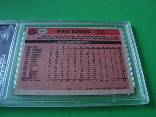 1981 OPC o-pee-chee GRAY BACK #216 MIKE TORREZ psa 9 oc (352) Boston RED SOX - Picture 3 of 5