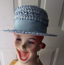 Vint BRIM HAT Light BLUE Woven RAFFIA w GROSGRAIN RIBBON HATBAND
