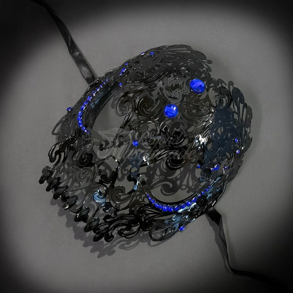 Candy Skull Collection | Metal Masquerade Mask Black with Blue Rhinestones Men - Image 2 of 4