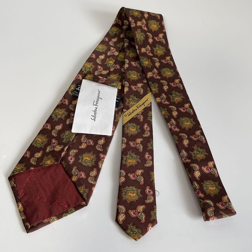 Salvatore Ferragamo Brown Neck Tie New Unused Animal 100%Silk With Tag - Picture 8 of 10