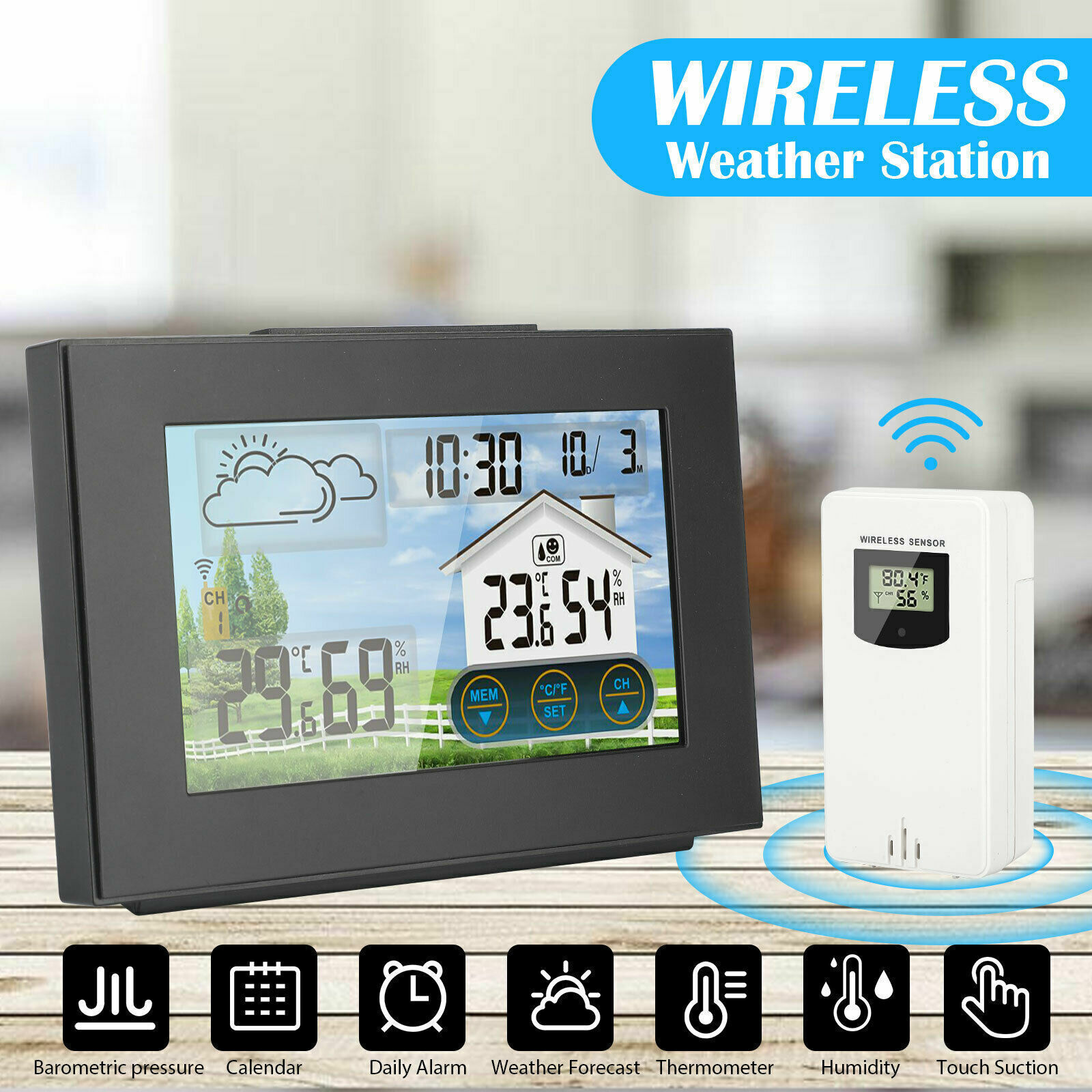 LCD Digital Clock Calendar Thermometer Wireless Indoor & Outdoor