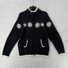 Quaker Factory  Zip Cardigan Sweater MEDIUM Snowflakes Angora Wool Blend Black