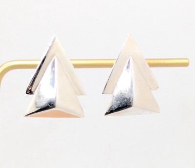 Vintage Double Triangle Silver Drop Dangle Stud Earrings Pierced Abstract Gift