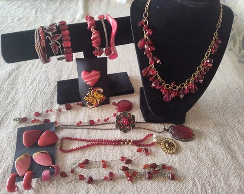 Red Vintage Jewelry Lot 18 Modernist Costume 1950s 1980s Ring Brooch Anime Heart